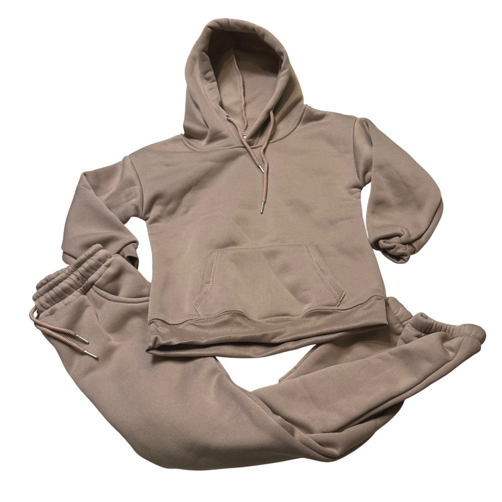 NWOT Girls Unbranded Taupe Pink Fleece Hoodie Jogger Tracksuit Set Size 120